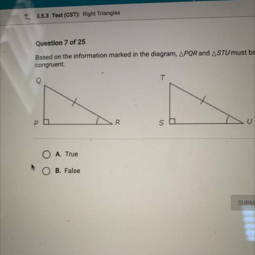 Based on the information marked in the diagram triangle PQR and triangle STU must be congruent