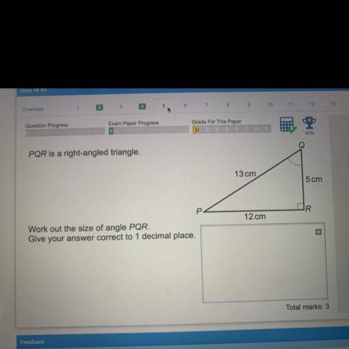 PQR is a right-angled triangle.

Work out the size of angle PQR. Give your answer correct to one d