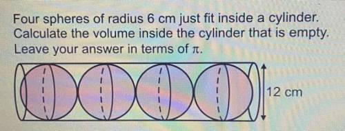Four spheres of radius 6 cm just fit inside a cylinder.

Calculate the volume inside the cylinder