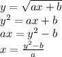y =  \sqrt{ax + b}  \\ y {}^{2}  = ax + b \\ ax = y {}^{2}  - b \\ x =  \frac{y {}^{2} - b }{a}
