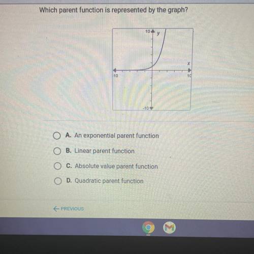 HELP ME CANT FAIL!! Which parent function is represented by the graph?

A) An exponential parent f