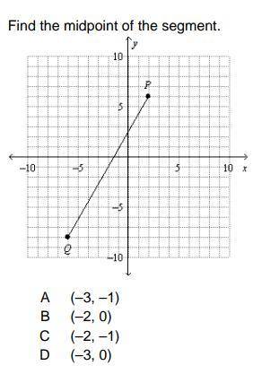 Find the midpoint of the segment
(-3,-1)
(-2,0)
(-2,-1)
(-3,0)