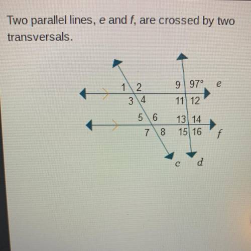 Two parallel lines, e and f, are crossed by two transversals.

What is the measure of <15
m<