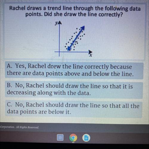 Rachel draws a trend line through the following data
points. Did she draw the line correctly?