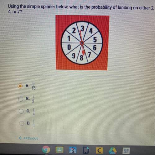 Using the simple spinner below what is the probability of landing on either 2, 4, or 7?