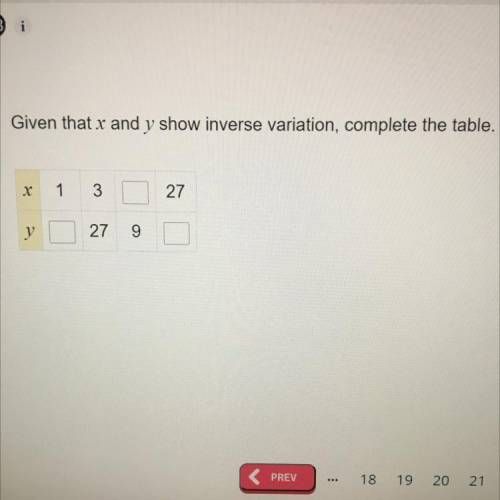 Someone pls help me due in 30 min. Given that x and y show inverse variation, complete the table.