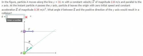 In the figure, particle A moves along the line y = 31 m with a constant velocity v with arrow of ma
