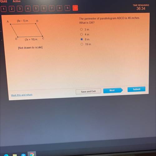 A

(8x - 5) in.
B
The perimeter of parallelogram ABCD is 46 inches.
What is DA?
03 in
O 4 in
8 in.