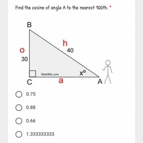 Find the cosine of angle A to the nearest 100th.