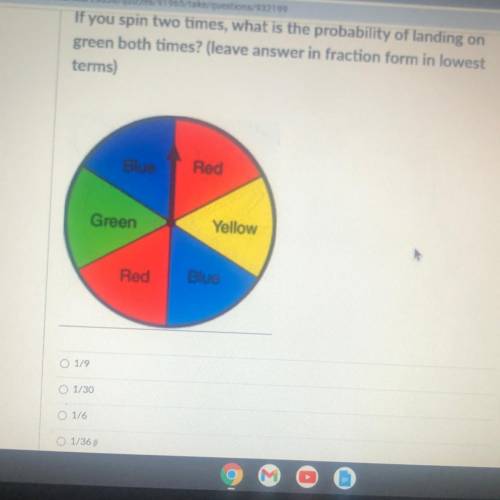 If you spin two times, what is the probability of landing on

green both times? (leave answer in f