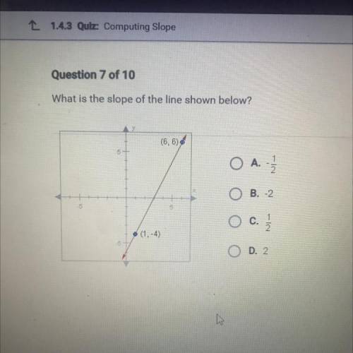 What is the slope of the line shown below (6, 6) (1, -4)