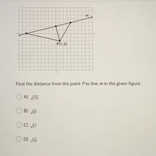 Find the distance from the point P to line m in the given figure.

A)170
B)85
C)17
D)34
