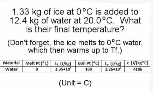 1.33 kg of ice at 0 degrees C is added to 12.4 kg of water at 20.0 C. What is their final temperatu