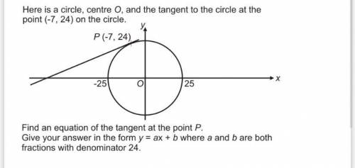 Here is a circle, centre 0, and the tangent to the circle at the

point (-7, 24) on the circle.
Fi