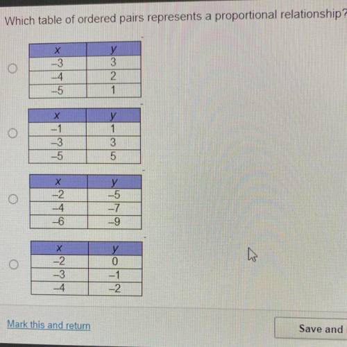 Which table of ordered pairs represents a proportional relationship?

-3
y
3
2
1
-5
1
O
داده |
-5