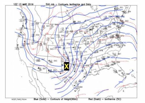 Analyze the 500mb chart above. If a low-pressure system is located in Texas (find the yellow “X”),