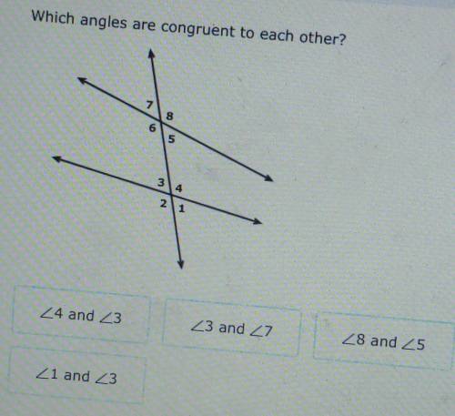 Which angles are congruent to each other?

Angle 4 and Angle 3 Angle 3 and Angle 7Angle 8 and Angl