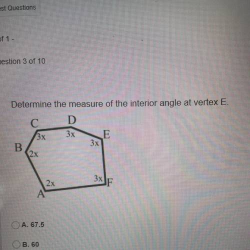 Determine the measure of the interior angle at vertex E.