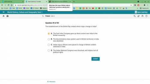 The establishment of the British Raj created which major change in India?

(Image with answer choi