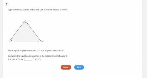In the figure, angle D measures 127° and angle A measures 75°.

Complete the equation to solve for