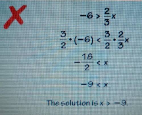 Describe and correct the error in solving the inequality.

The inequality should not be reversed w