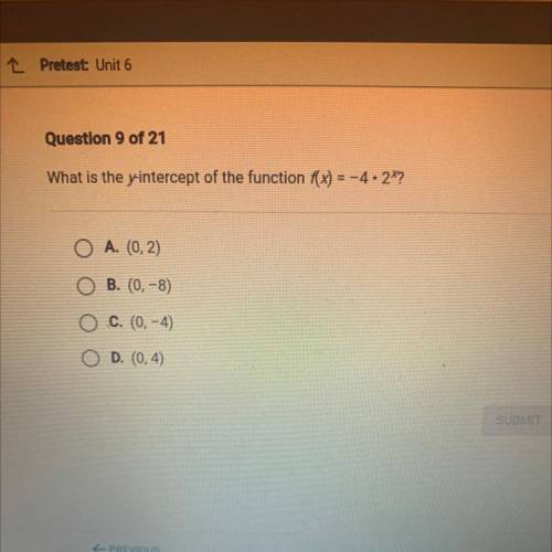 Please please help

What is the y-intercept of the function f(x) = -4.2%?
O A. (0,2)
B. (0,-8)
.c.