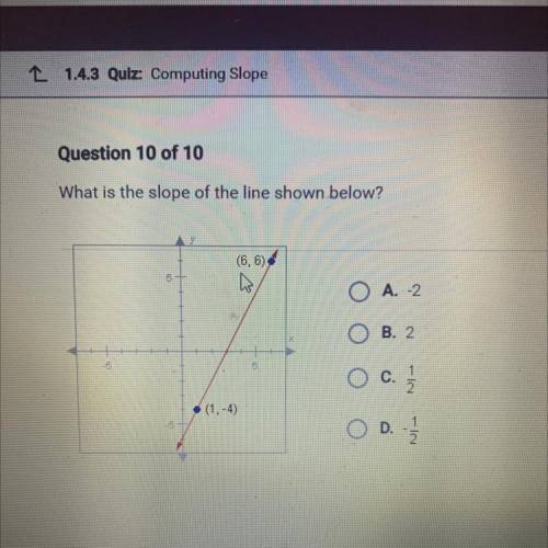 What is the slope of the line shown below?

(6,6)
m
O A. -2
B. 2
-5
6
O c. 7 /
IN
(1,-4)
5
1
O D.