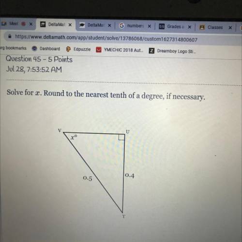 Solve for x . Round to the nearest tenth of a degree, if necessary.