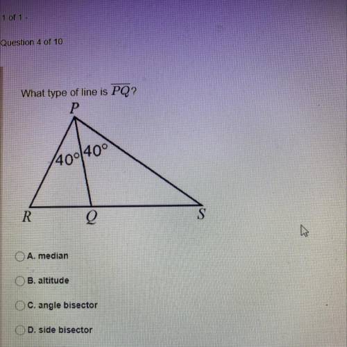 What type of line is PQ?

A. median
B. altitude
C. angle bisector
D. side bisector
I need help wit