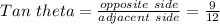 Tan \ theta = \frac{opposite \ side}{adjacent \ side}= \frac{9}{12}