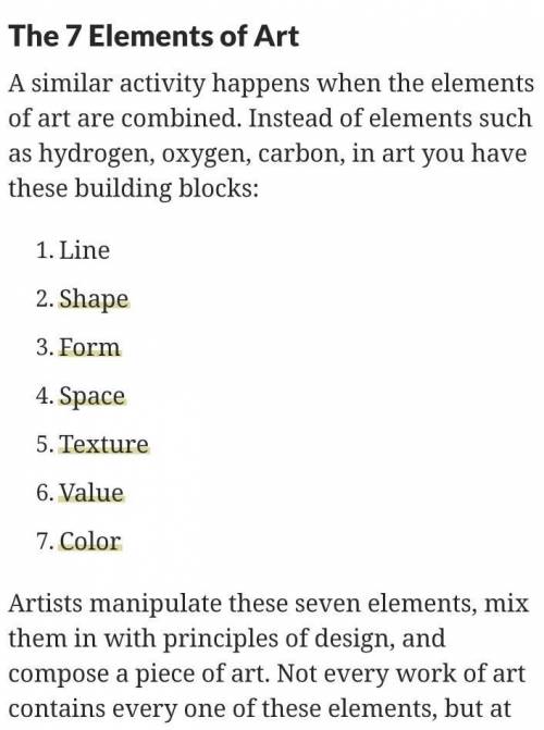 8. Which is not an Element of art?

A.line
B.shape
C.texture
D.context
E.All of the above are eleme
