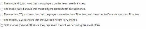 The heights in inches of players on a basketball team are listed on the roster as 64, 67, 68, 66, 6