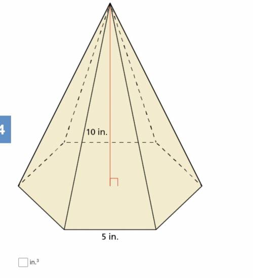 The base of the pyramid is a regular hexagon. Find the volume of the pyramid. Round your answer to