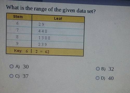 What is the range of the given data set? OA) 30 OB) 32 OC) 37 OD) 40​