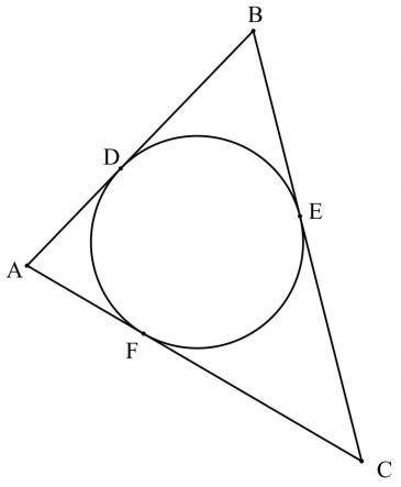 In the following figure, AB, BC and CA are tangents to the circle at D, E and F respectively. AB=9