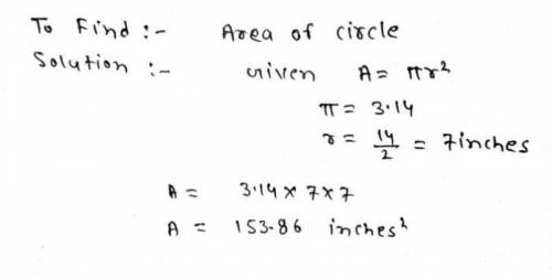 Find the area of the circle.

Use 3.14 for it. Do not round your answer.
Hint: A = Tira
14 inches
A