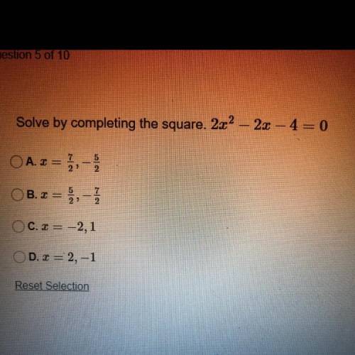 Solve by completing the square. 2x^2 – 2x – 4 = 0