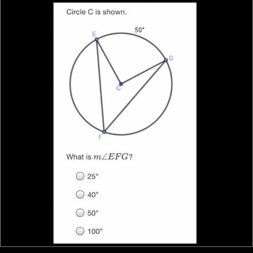 Circle C is shown.
50
E
G
F
What is mZEFG?
25°
40°
50°
100°
