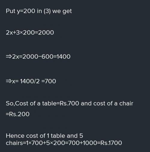 Thomas bought 2 tables and 8 chairs for rs. 21000 at same rate, mohan bought 3 tables and 10 chairs