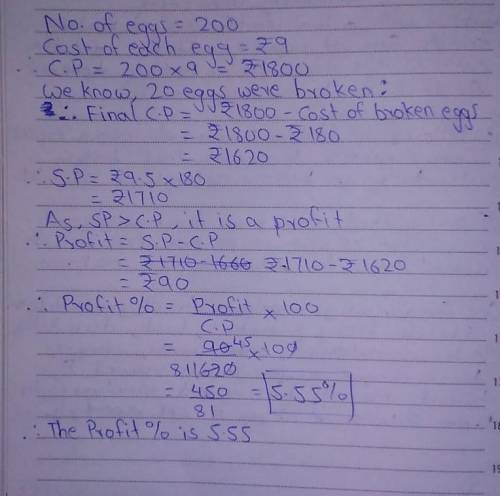 A grocer purchased 200 eggs at rs.9each. 20 of them were broken and he/she sold the rest at rs.9.50