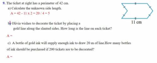 The ticket has a perimeter of 42 cm.

a) Calculate the unknown side length.
A = 42 - 11 x 2 = 20 /