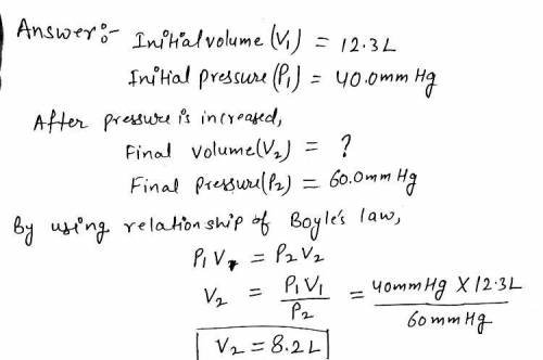 A gas occupies 12.3 litres at pressure of 40 cm of Hg. What is the volume in ml when the pressure is