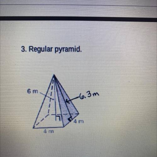 Regular pyramid 
B=
P=
H=
l=
LA=
SA=
V=
