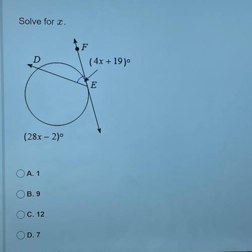 Solve for x.
D
F
(4x + 19)
E
(28x - 2)°