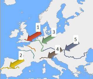 A map of European rivers. Rivers are labeled 1, 2, 3, 4, and 5. 1 is in the United Kingdom. 2 is in