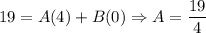 \displaystyle 19 = A(4) + B(0) \Rightarrow  A = \frac{19}{4}