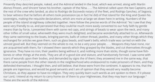 How does Columbus describe the people of Hispaniola? List at least three pieces of evidence from th