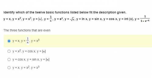 Identify which of the twelve basic functions listed below fit the description given.

y = x, y = x
