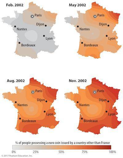 Need help asap-

The four maps show the increasing introduction of foreign currency in France duri