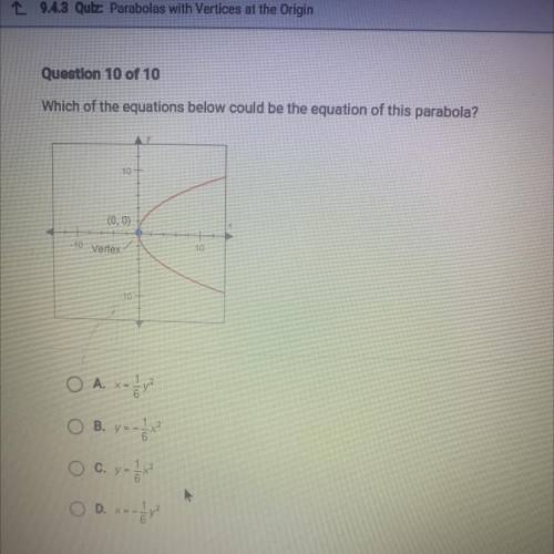 Which of the equations below could be the equation of this parabola?

10
(0,0)
10
Vertex
10
MO
O A